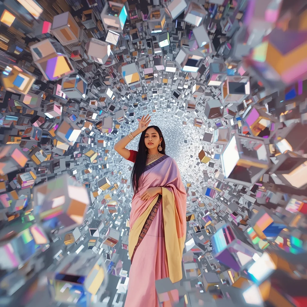 Festive Pastel Saree Floating Crystal Cube Storm Collage | Geometry Motion Prompt | Modern Saree Ai Prompt