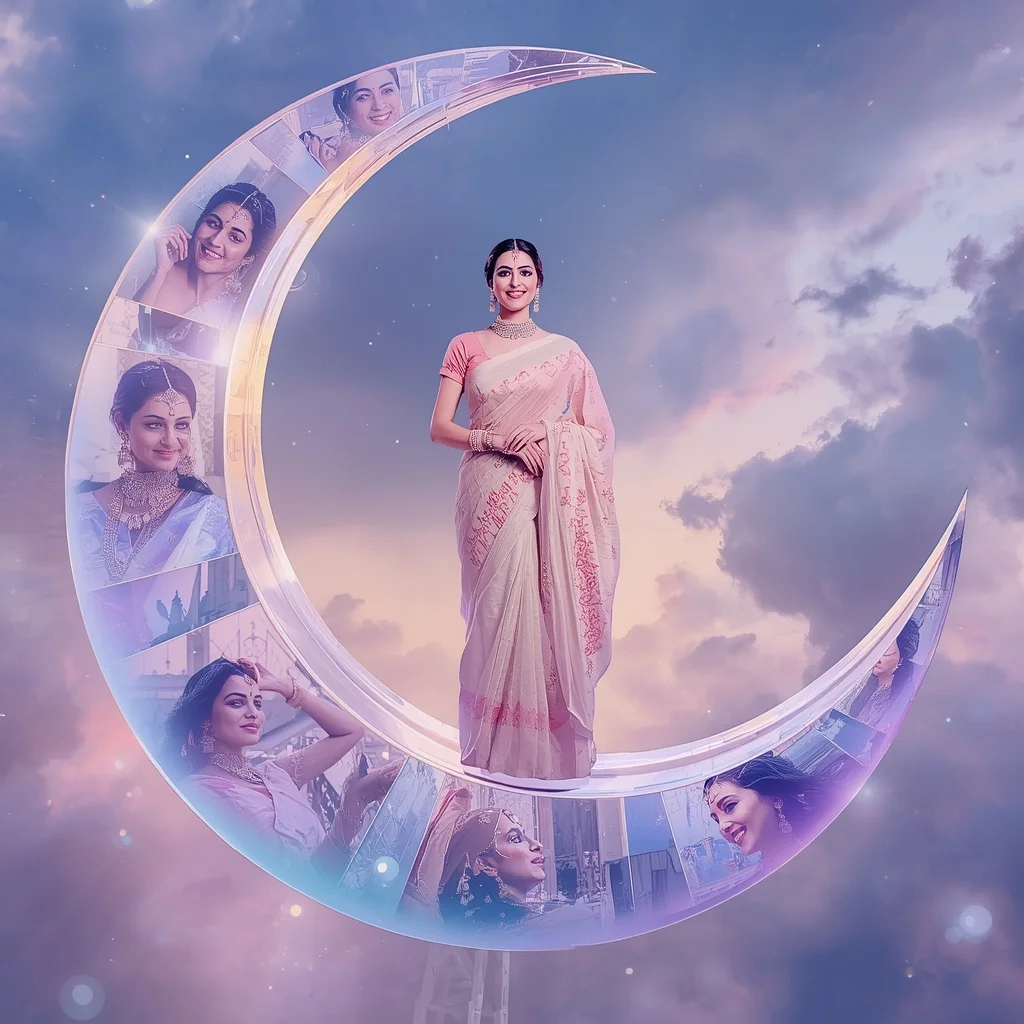 Festive Pastel Saree Floating Crystal Moon Bridge Collage Premium | Gemini Ai Prompt