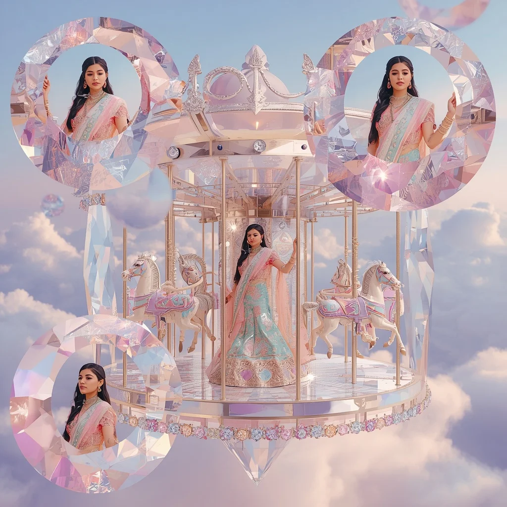 Festive Pastel Saree Floating Crystal Moon Carousel Collage Premium Luxury Editorial | Google Prompt