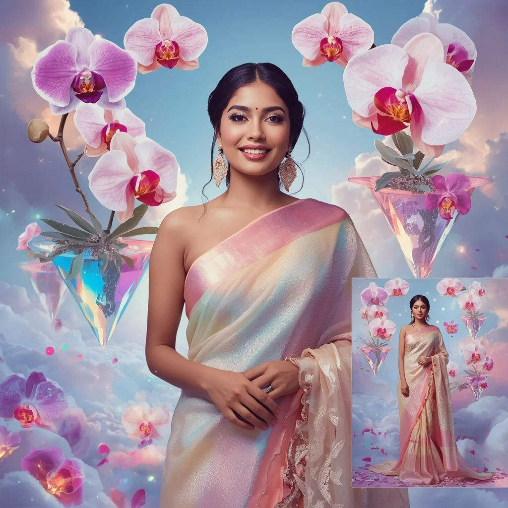 Festive Pastel Saree Floating Crystal Rainbow Orchid Realm Collage Luxury Editorial | Face Ai Prompt