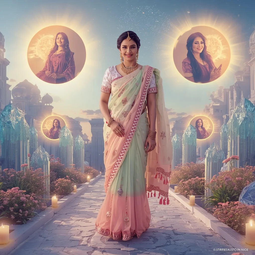 Festive Pastel Saree Floating Crystal Solar Kingdom Collage Premium | Indian Girl Ai Prompt