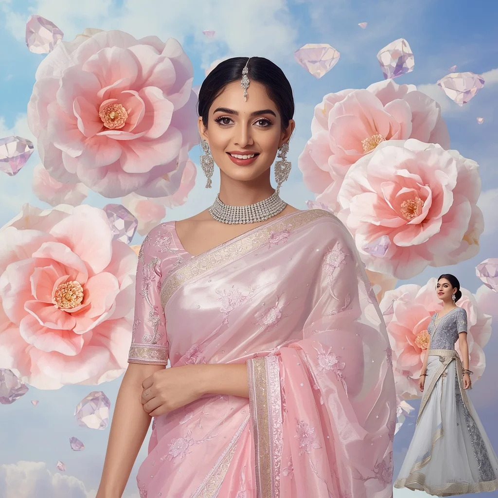 Festive Pastel Saree Floating Diamond Camellia Heaven Collage Luxury Editorial | Festive Prompt
