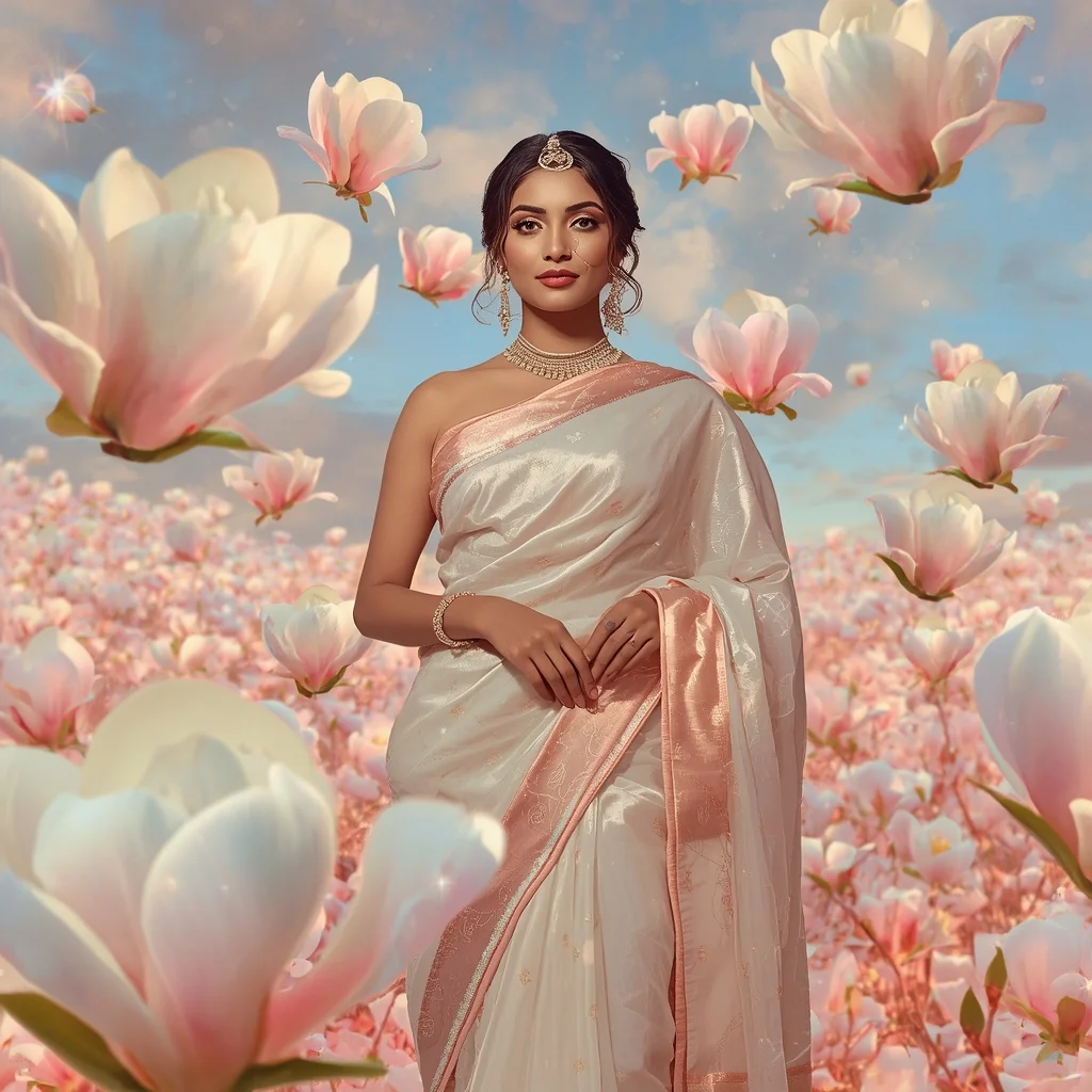 Festive Pastel Saree Floating Diamond Magnolia Heaven Collage Luxury Editorial | Prompt For Traditional Look For Girl Chatgpt Instagram