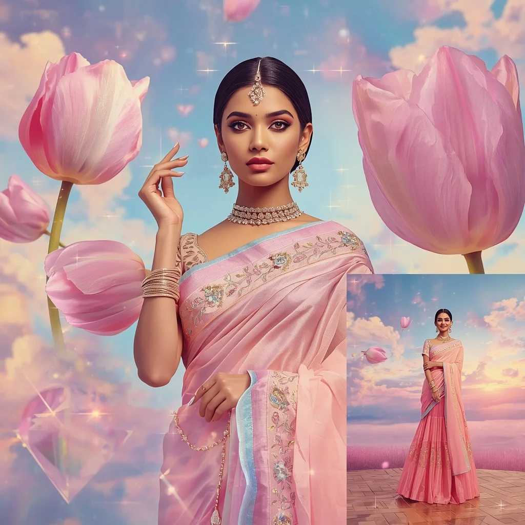Festive Pastel Saree Floating Diamond Tulip Heaven Collage Luxury Editorial | Fashion Ai Prompt