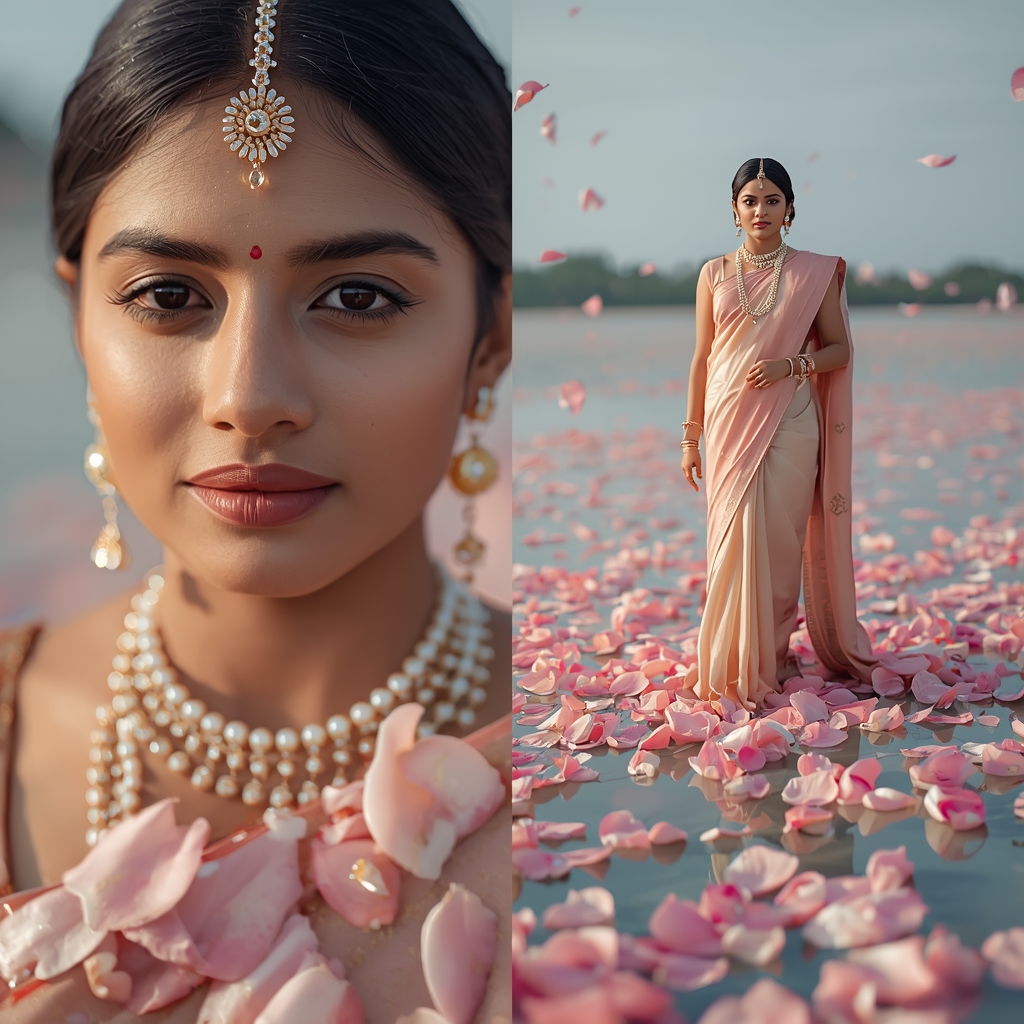Festive Pastel Saree Floating Glass Petal Ocean Collage | Fragile Tide Empress Prompt | Saree Photo Ai Prompt