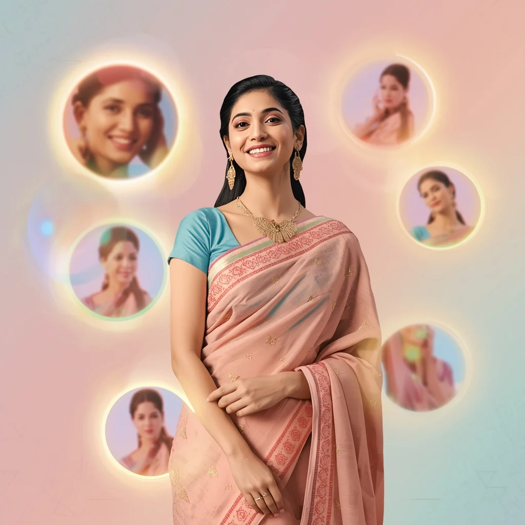 Festive Pastel Saree Floating Glow Circle Collage Modern Cinematic | Saree Ai Prompt