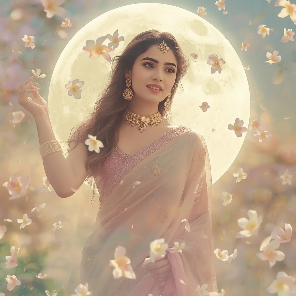 Festive Pastel Saree Floating Jasmine Moon Realm Collage Cinematic | Ai Portrait Prompt