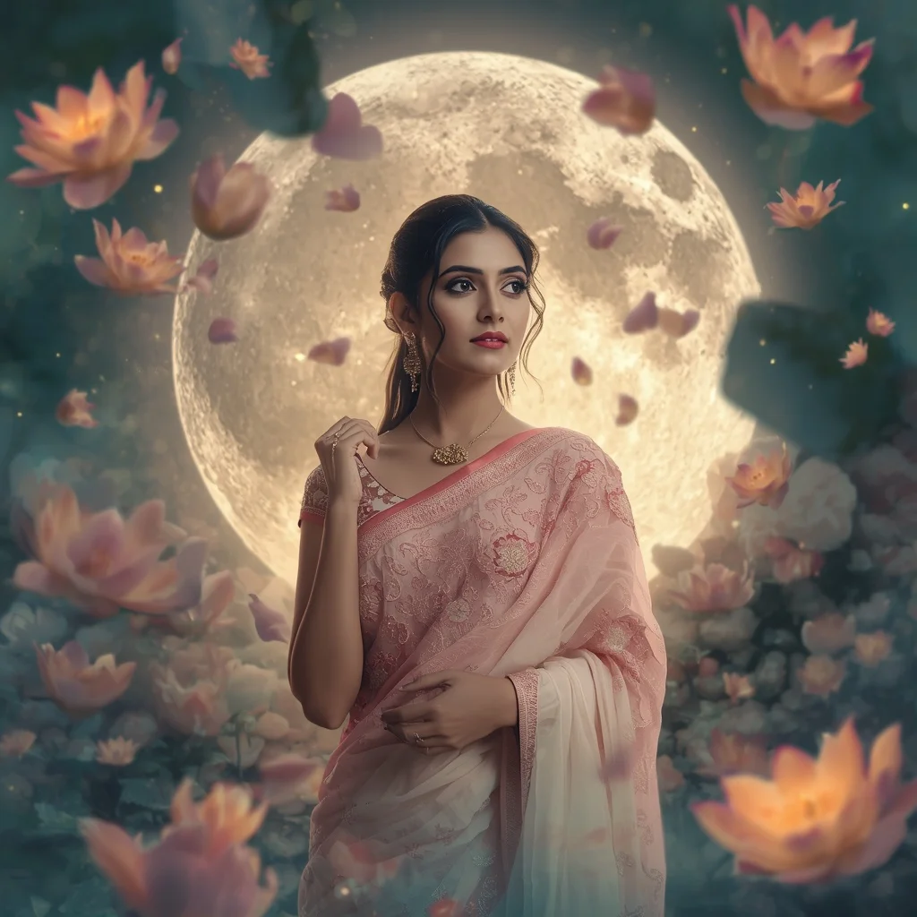 Festive Pastel Saree Floating Lily Moon Sanctuary Collage Cinematic | Instagram Story Ai Prompt
