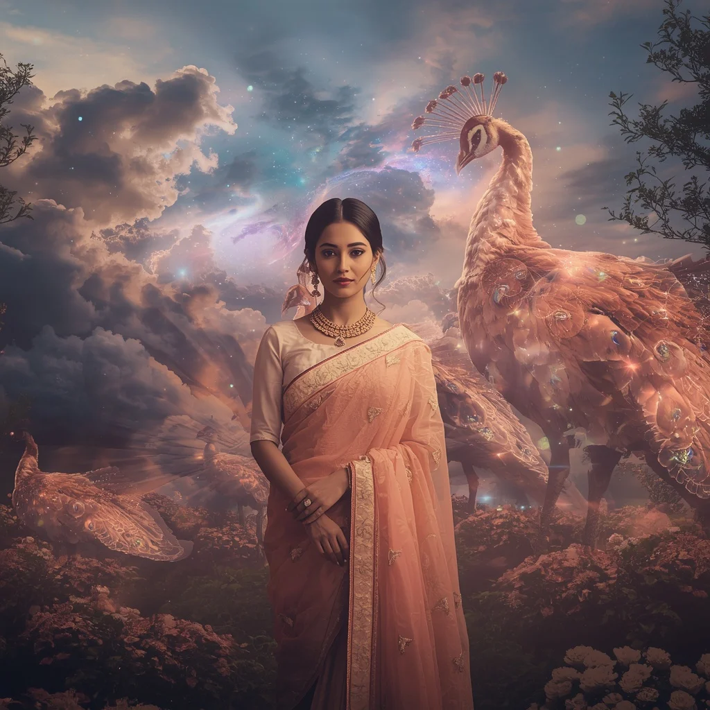 Festive Pastel Saree Floating Nebula Peacock Garden Collage | 3d Animation Ai Prompt