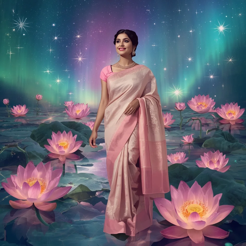 Festive Pastel Saree Floating Opal Lotus Aurora Galaxy Collage Luxury Fashion | Grok Ai Prompt