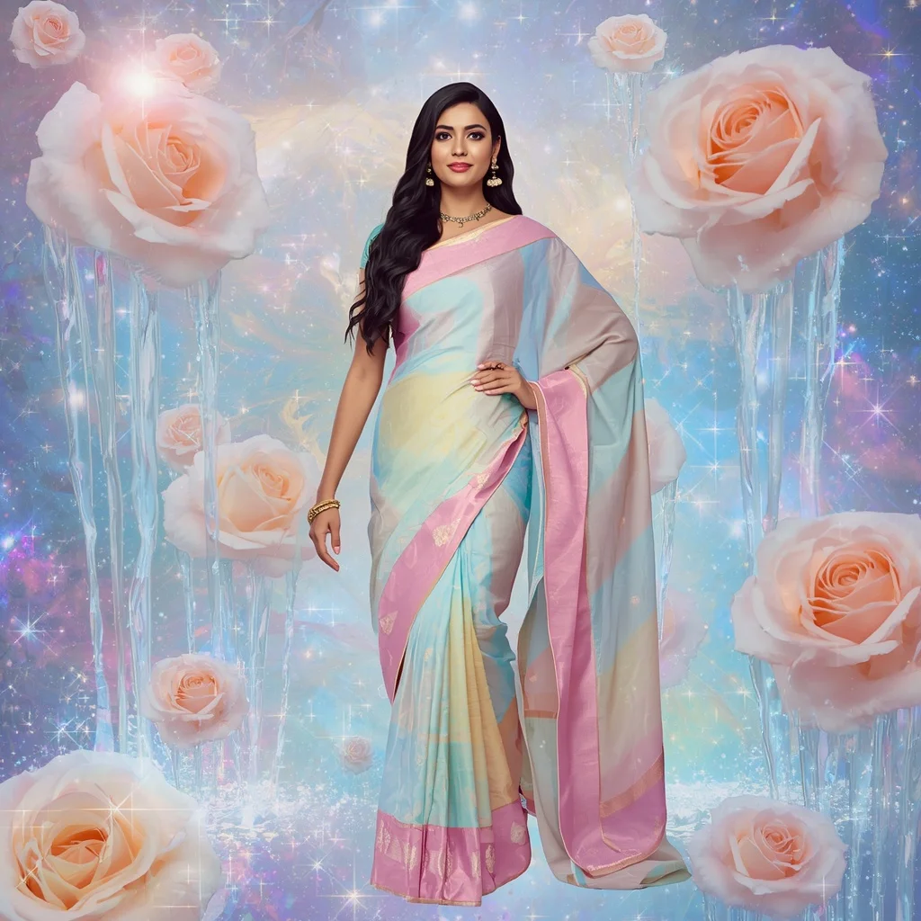 Festive Pastel Saree Floating Opal Rose Waterfall Galaxy Collage Luxury Fashion | Face Ai Prompt
