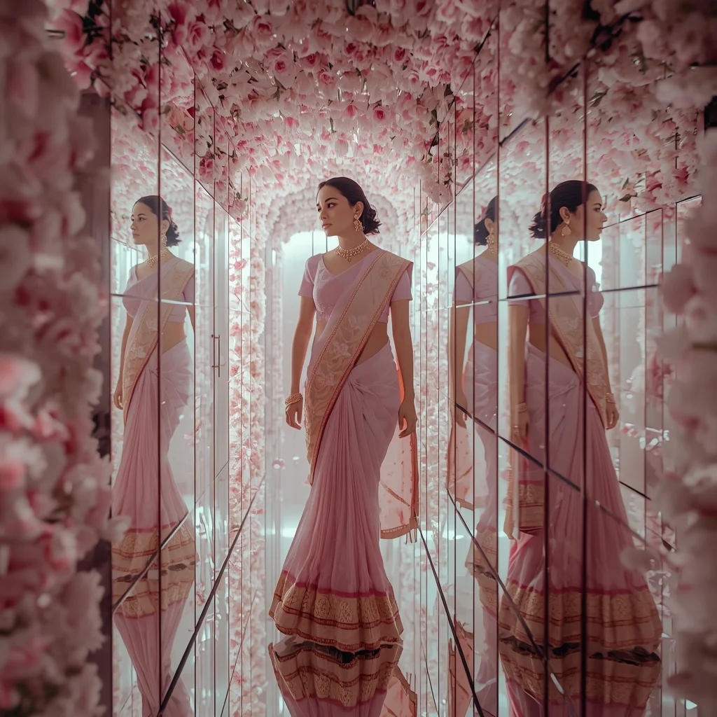 Festive Pastel Saree Floral Mirror Collage | Indian Girl Bloom Reflection Aesthetic Soft Cinematic Viral Prompt | Cinematic Saree Ai Prompt
