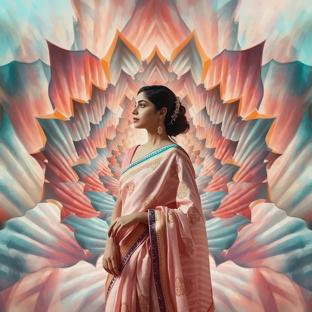 Festive Pastel Saree Fractal Bloom Energy Collapse Collage Cinematic Aesthetic | Prompt Seen Trending Girl Instagram