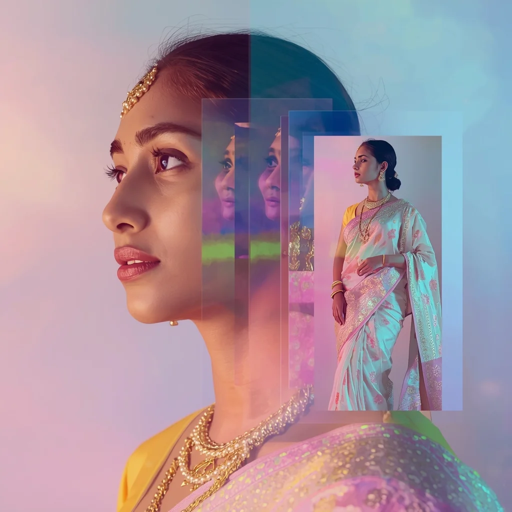 Festive Pastel Saree Fractured Space Collage | Indian Girl Broken Dimension Aesthetic Cinematic Viral Prompt | Modern Saree Ai Prompt