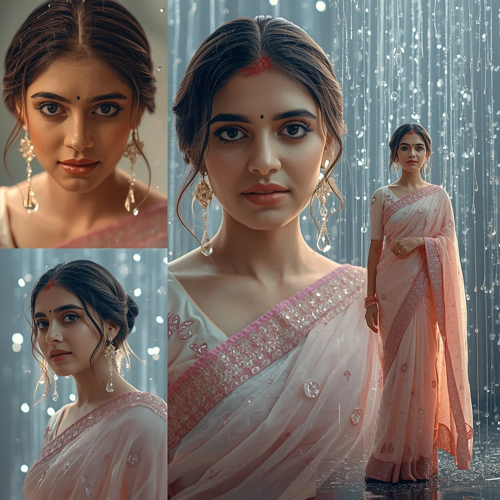 Festive Pastel Saree Front Portrait Crystal Rainfall Prompt with Sparkling Drop Layers and Cinematic Depth | New Ai Prompt Girl