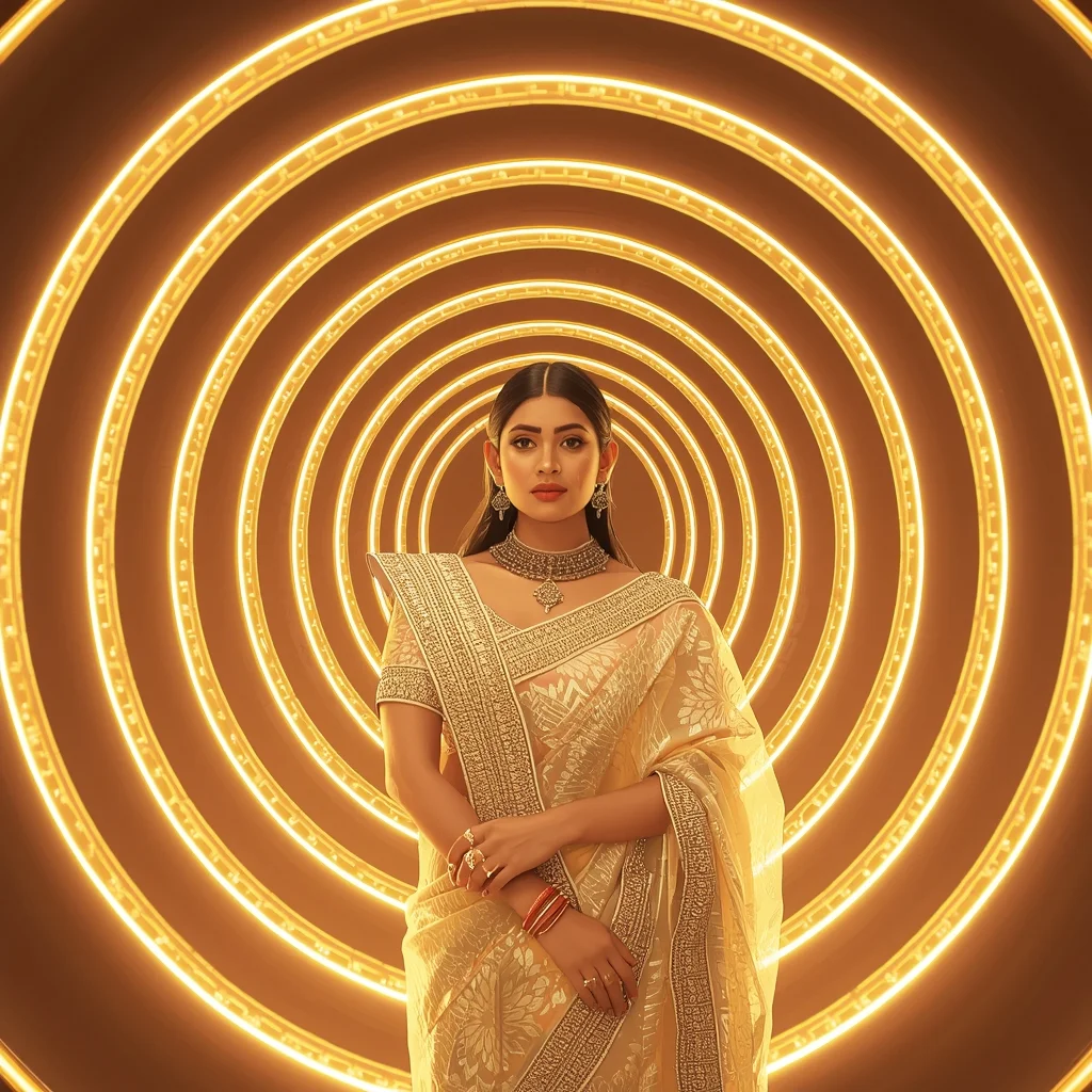 Festive Pastel Saree Front Portrait Golden Halo Rings Prompt with Royal Glow and Cinematic Depth | New Viral Prompt