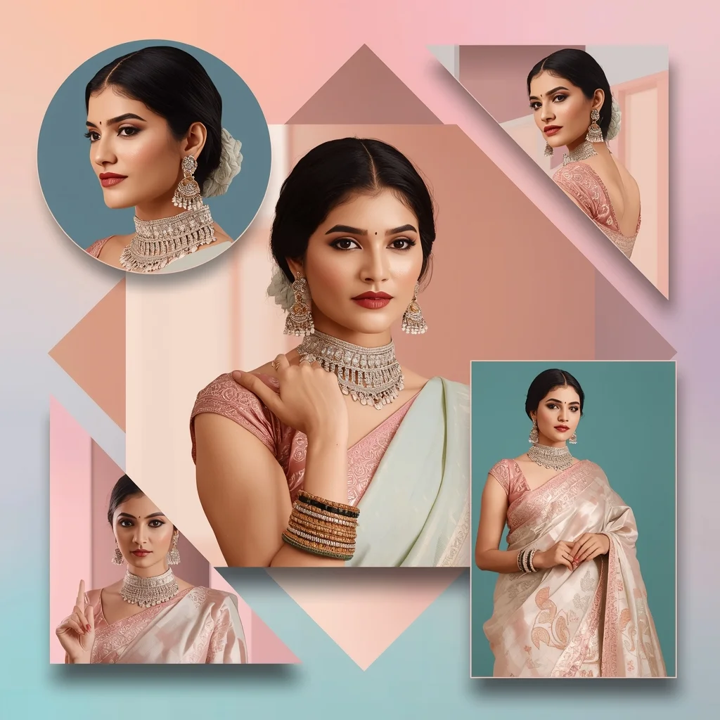 Festive Pastel Saree Geometric Frame Collage | Indian Girl Luxury Shapes Aesthetic Soft Cinematic Viral Prompt | Saree Prompt Text To Image