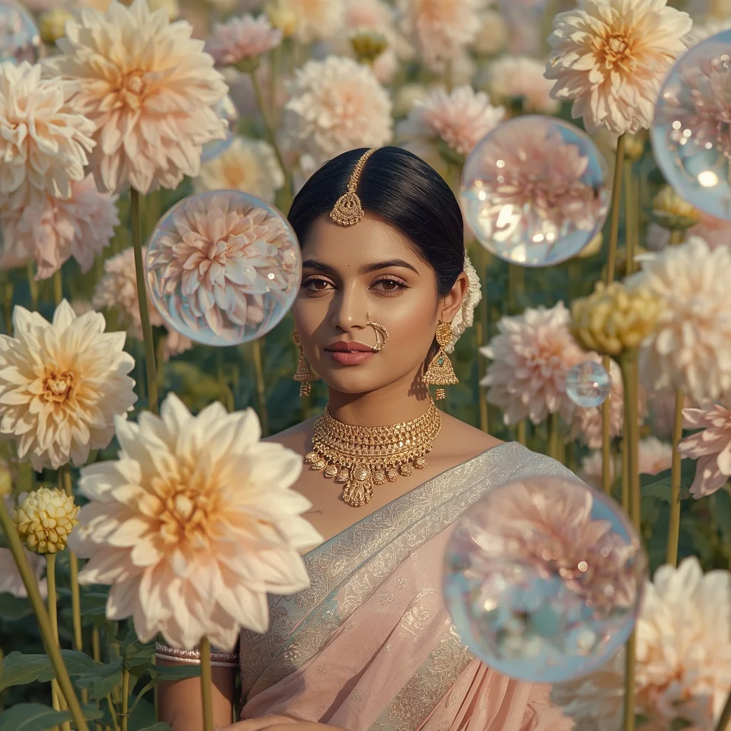 Festive Pastel Saree Glass Dahlia Reflection Field Collage Premium Cinematic | Beautiful Woman Ai Prompt