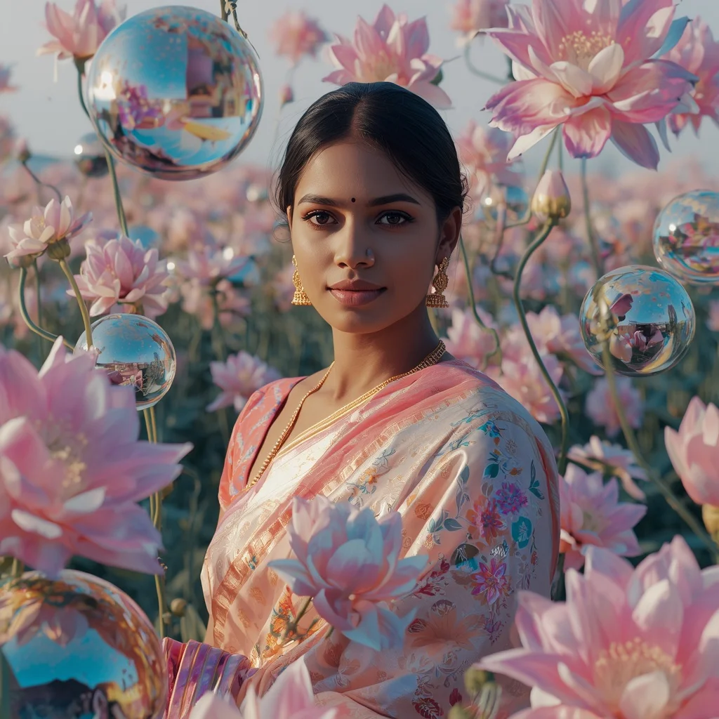 Festive Pastel Saree Glass Gardenia Reflection Field Collage Premium Cinematic | Influencers Ai Prompt
