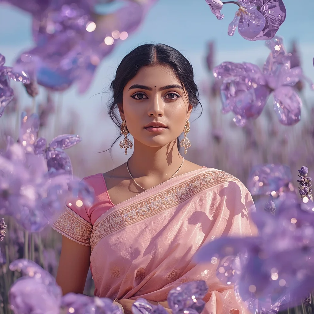 Festive Pastel Saree Glass Lavender Reflection Field Collage Premium Cinematic | Prompt For Traditional Look For Girl Chatgpt Instagram