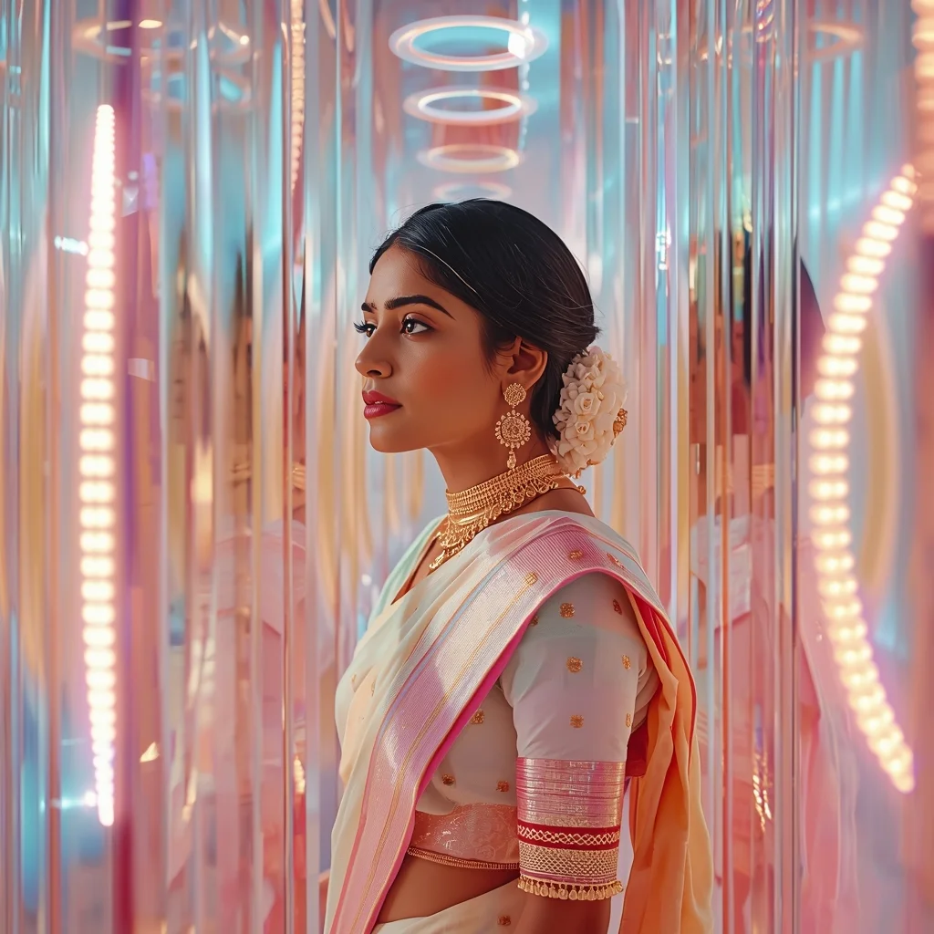 Festive Pastel Saree Glass Shine Orbit Cascade Pulse Collage | Gemini Ai Saree Photo