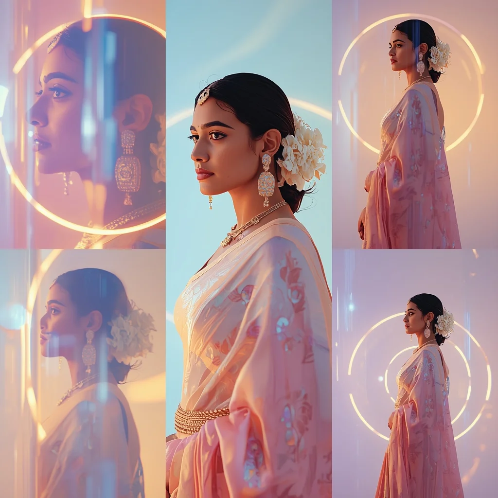 Festive Pastel Saree Glass Shine Pulse Orbit Reflection Collage | Saree Dp Ai Prompt