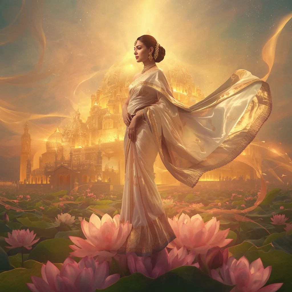 Festive Pastel Saree Golden Aurora Lotus Citadel Collage | Ai Prompt For Social Media
