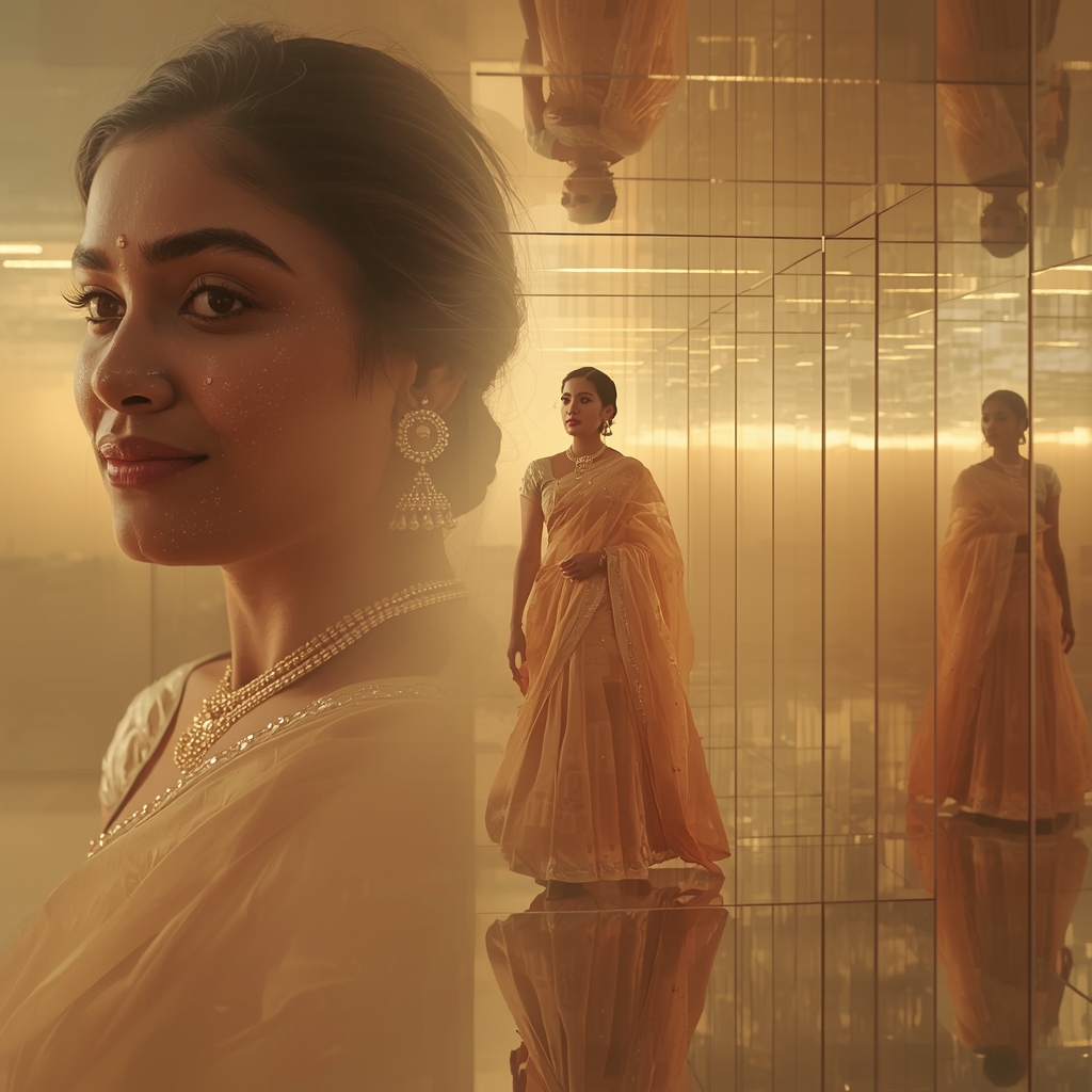 Festive Pastel Saree Golden Fog Mirror Labyrinth Collage | Illusion Path Empress Prompt | Saree Prompt