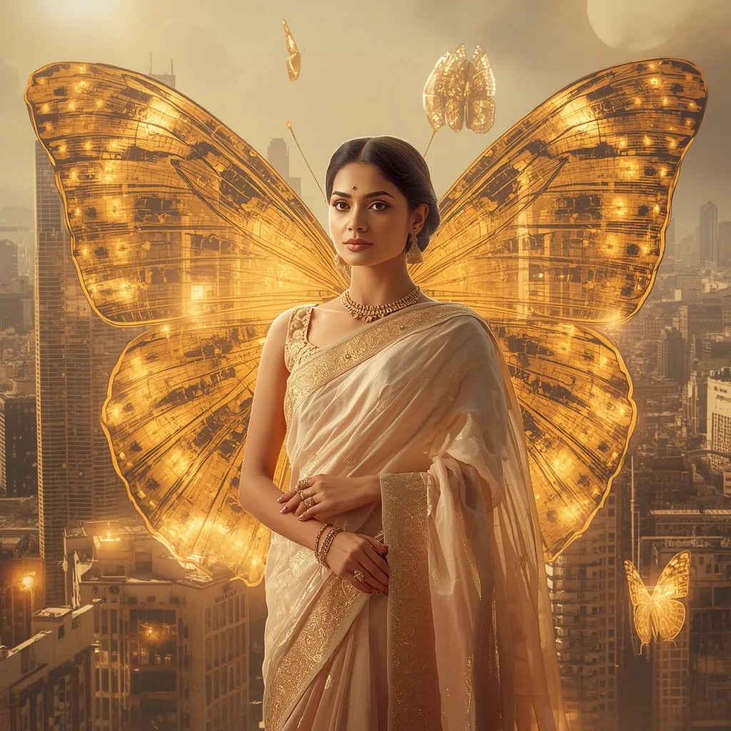 Festive Pastel Saree Golden Solar Butterfly Megacity Collage | Prompt Seen Horror Girl