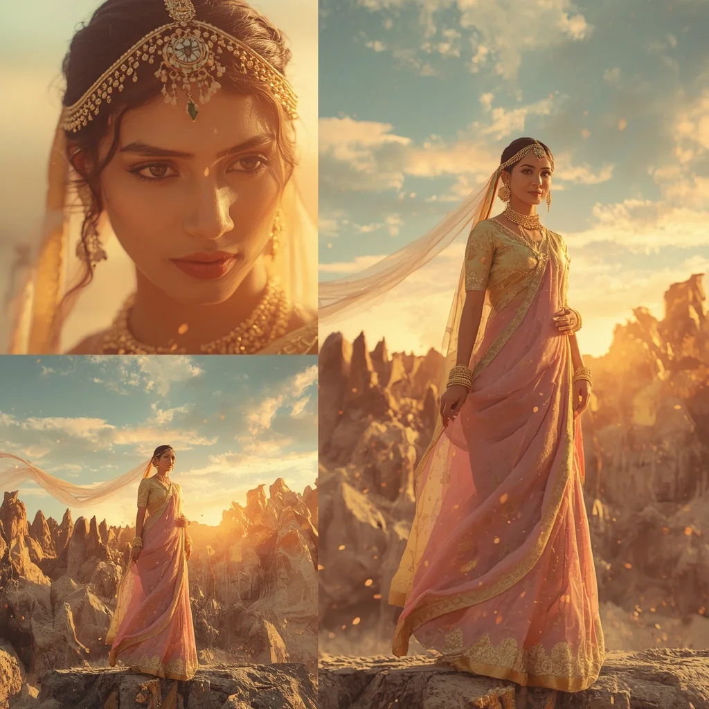Festive Pastel Saree Golden Solar Crown Mountain Collage | Gym Influencer Ai Prompt