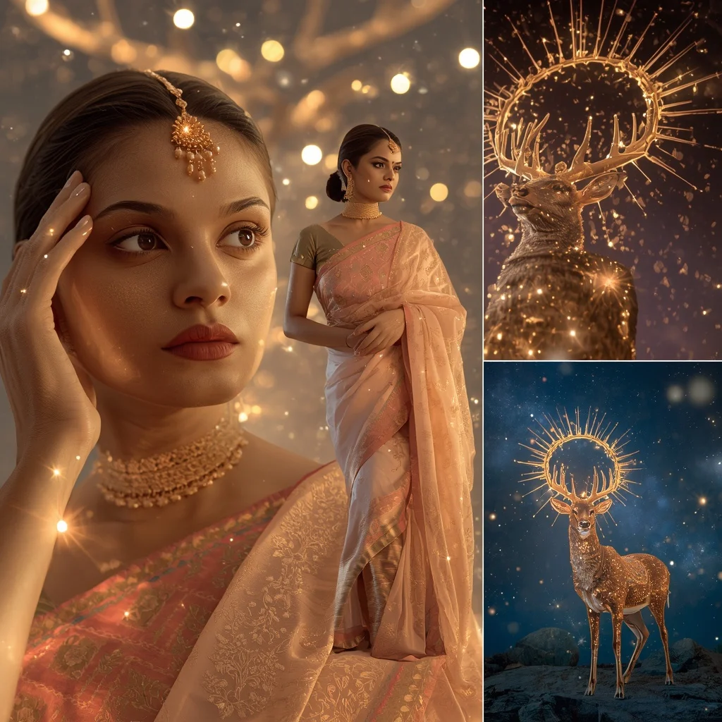 Festive Pastel Saree Golden Solar Deer Constellation Collage | Attitude Ai Prompt