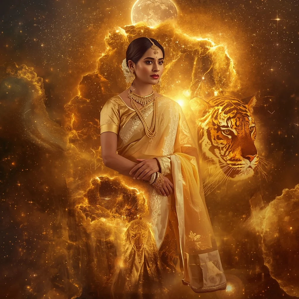 Festive Pastel Saree Golden Solar Tiger Nebula Collage | Girls Trending Prompt Gemini Instagram
