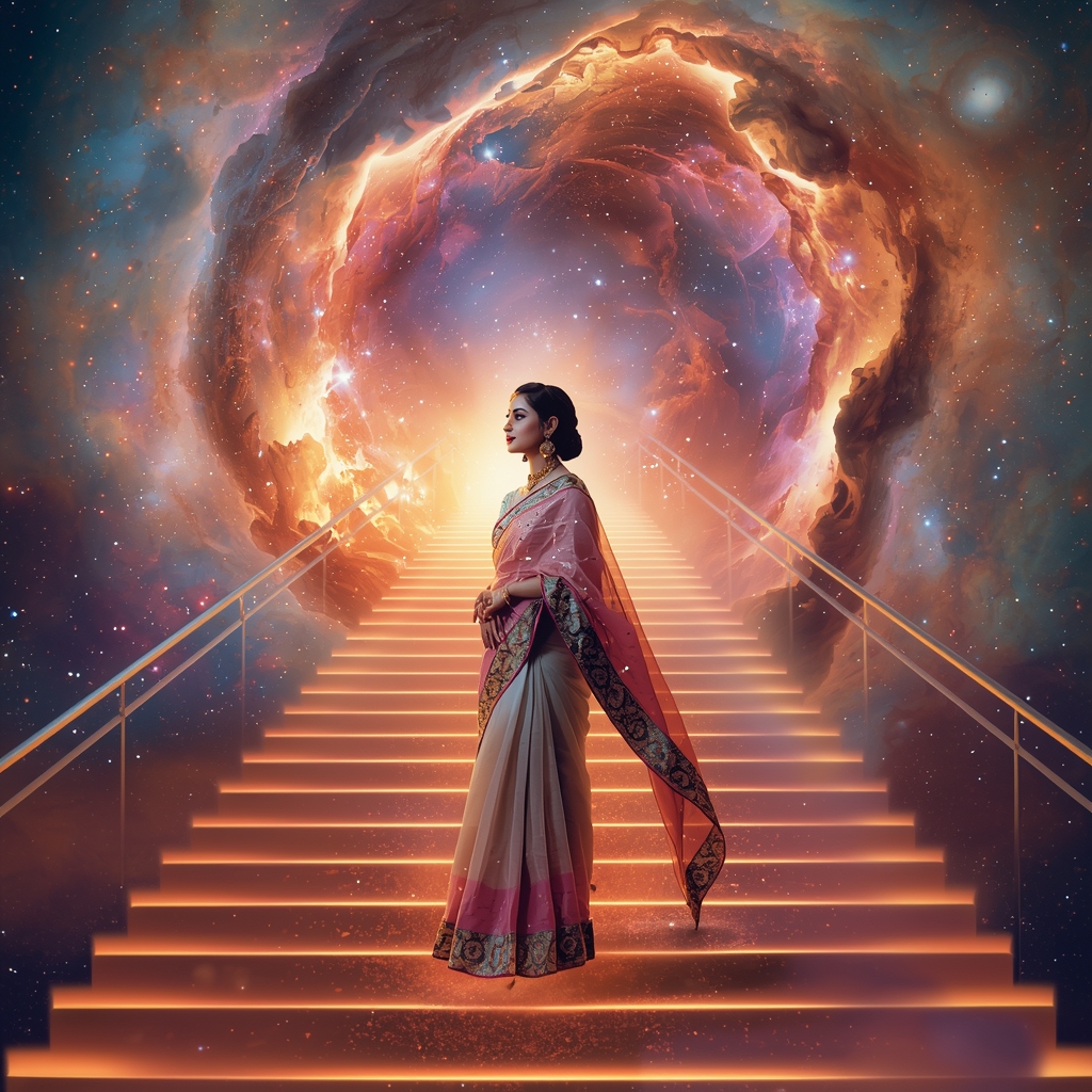 Festive Pastel Saree Grand Infinite Cosmic Staircase Collage | Majestic Nebula Prompt | Gemini Ai Saree Photo