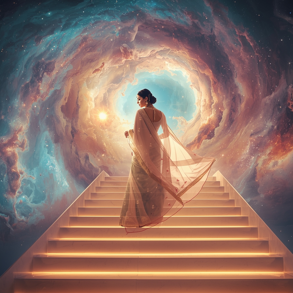 Festive Pastel Saree Grand Infinite Cosmic Staircase Collage | Majestic Nebula Prompt | Saree Prompt Text To Image