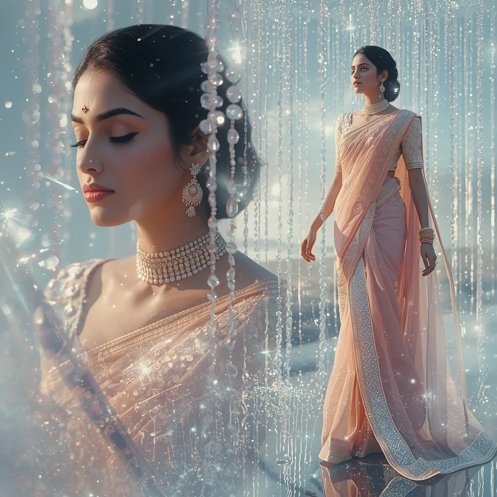 Festive Pastel Saree Heavenly Celestial Mirror Island Collage | Enchanted Crystal Rain Prompt | Desi Saree Ai Prompt