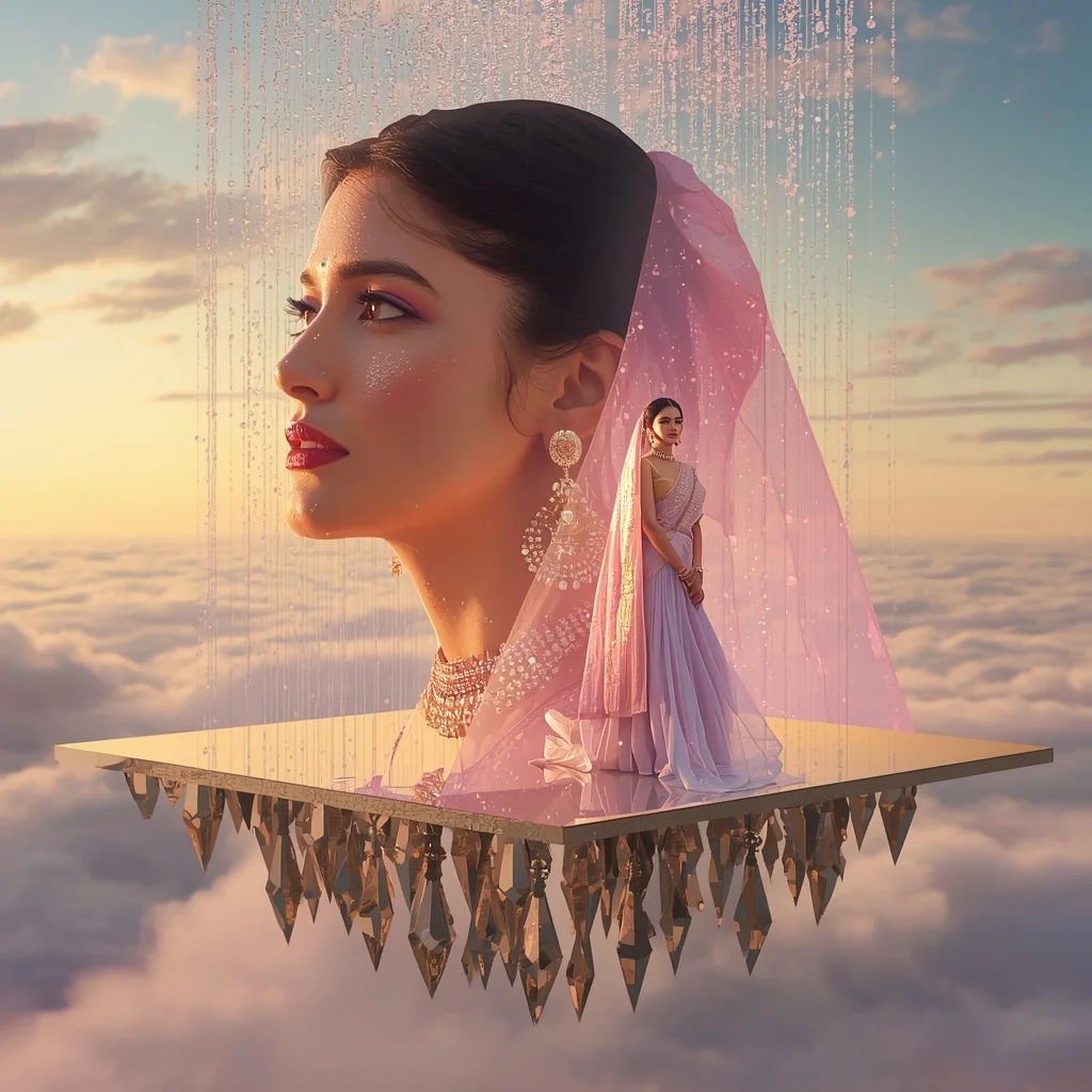 Festive Pastel Saree Heavenly Celestial Mirror Island Collage | Enchanted Crystal Rain Prompt | Indian Saree Ai Prompt