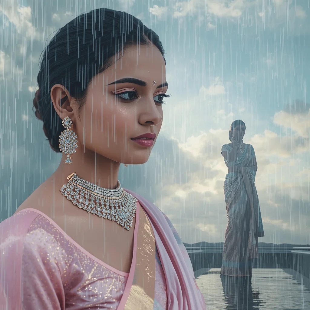 Festive Pastel Saree Heavenly Celestial Mirror Island Collage | Enchanted Crystal Rain Prompt | Saree Girl Dp Ai Prompt Ultra Hd