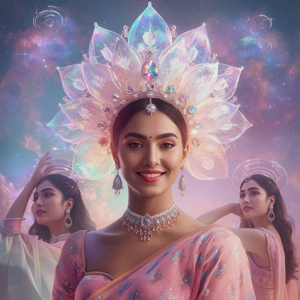 Festive Pastel Saree Holographic Moonflower Nebula Crown Collage Modern Cinematic | Editing Prompt Girl Aesthetic