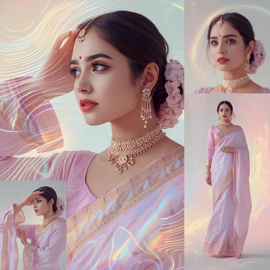 Festive Pastel Saree Holographic Pulse Orbit Spectrum Flow Collage | Gemini Saree Prompt Text