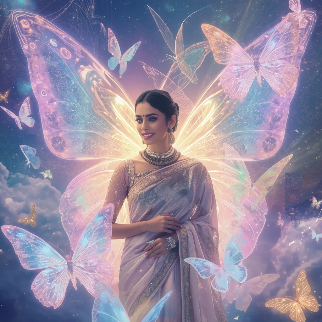 Festive Pastel Saree Holographic Starlight Butterfly Realm Collage Modern Cinematic | Prompt Seen Girl Photo Editing Chatgpt Download
