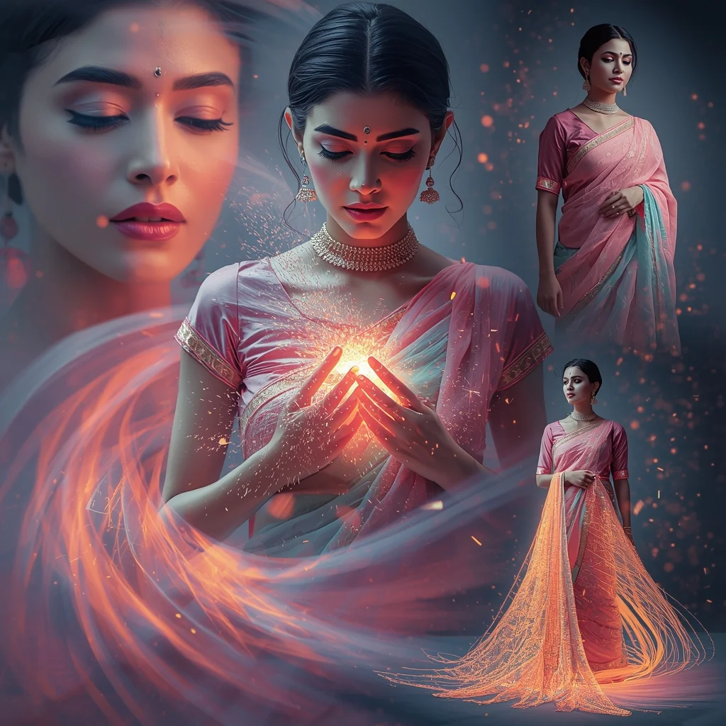 Festive Pastel Saree Hypnotic Ripple Vortex Energy Core Collage | Mesmerizing Glow Prompt | Saree Ai Prompt