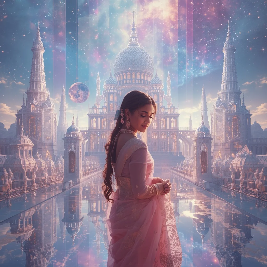 Festive Pastel Saree Infinite Celestial Crystal Dynasty Universe Collage Premium | Profile Picture Ai Prompt