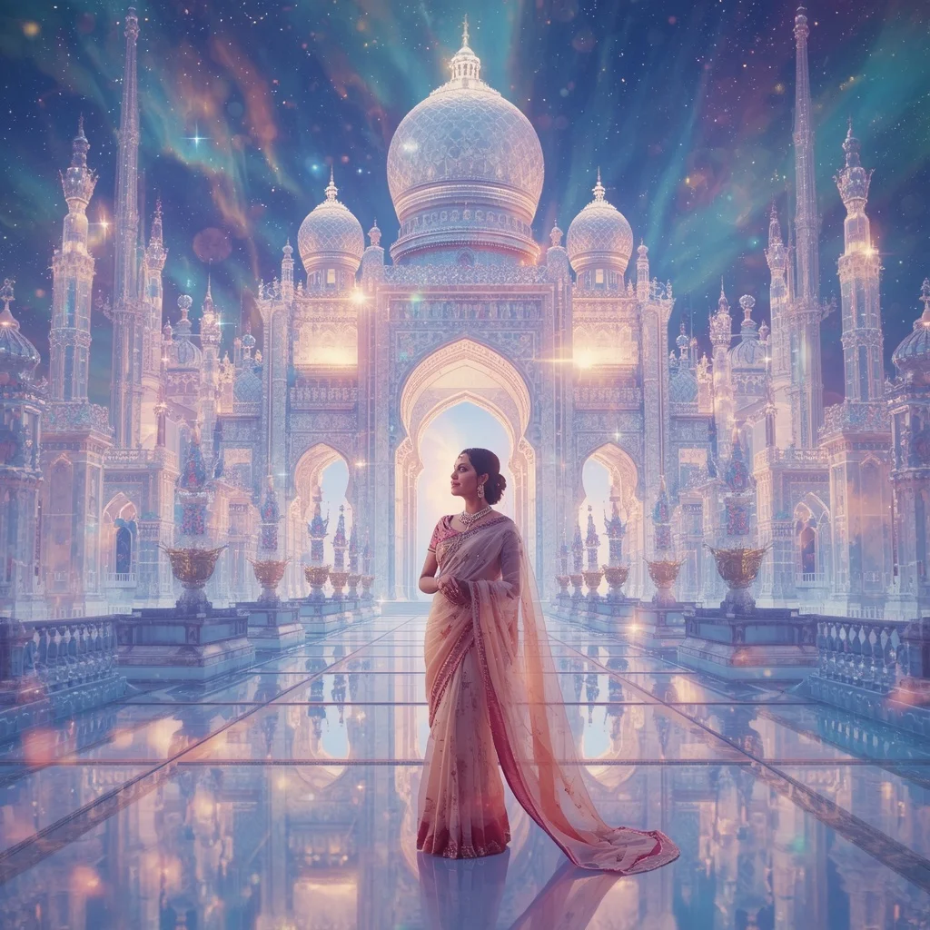 Festive Pastel Saree Infinite Crystal Aurora Celestial Realm Collage Premium | New Design Ai Prompt