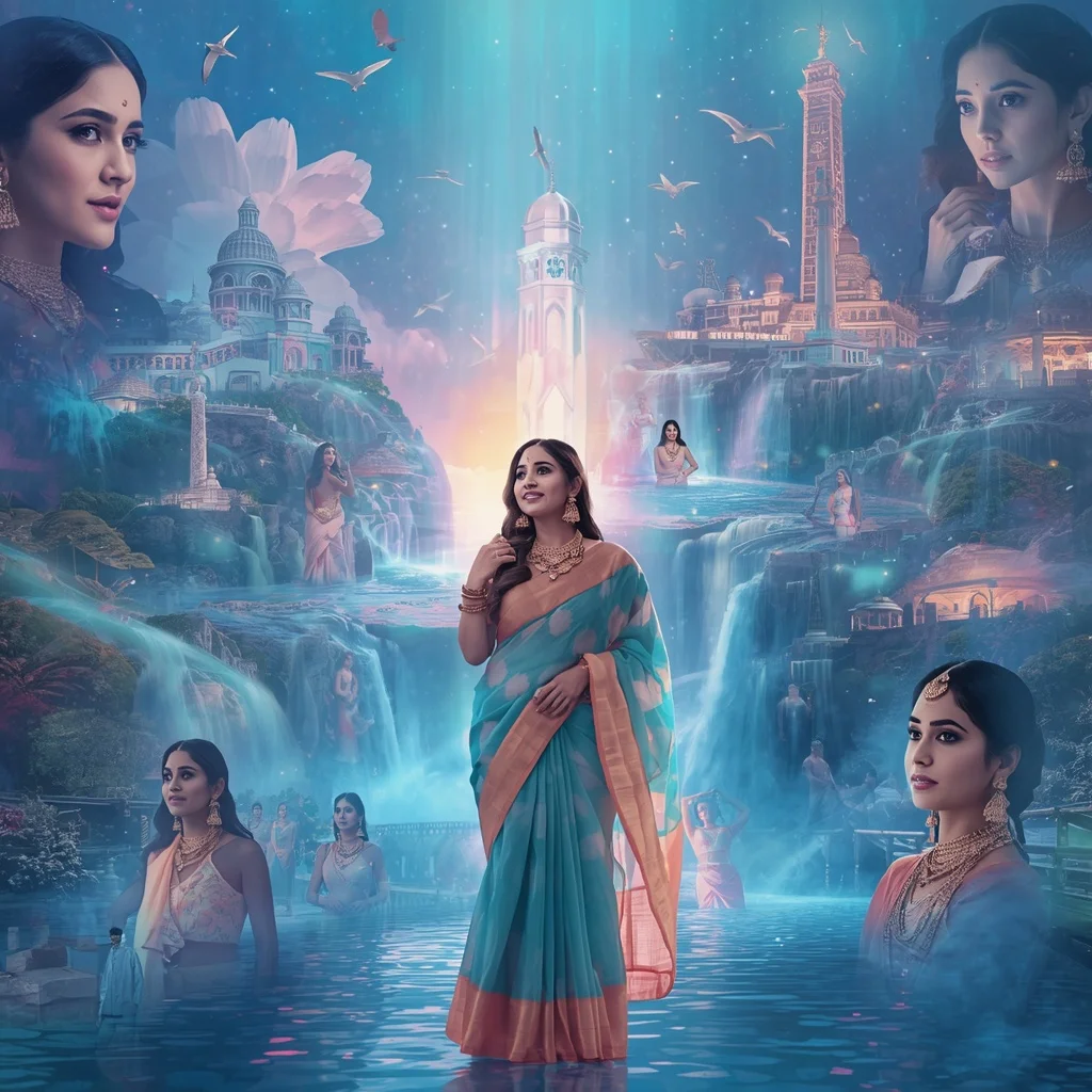 Festive Pastel Saree Infinite Crystal Aurora Celestial Realm Collage Premium | Prompt Seen Trending Girl