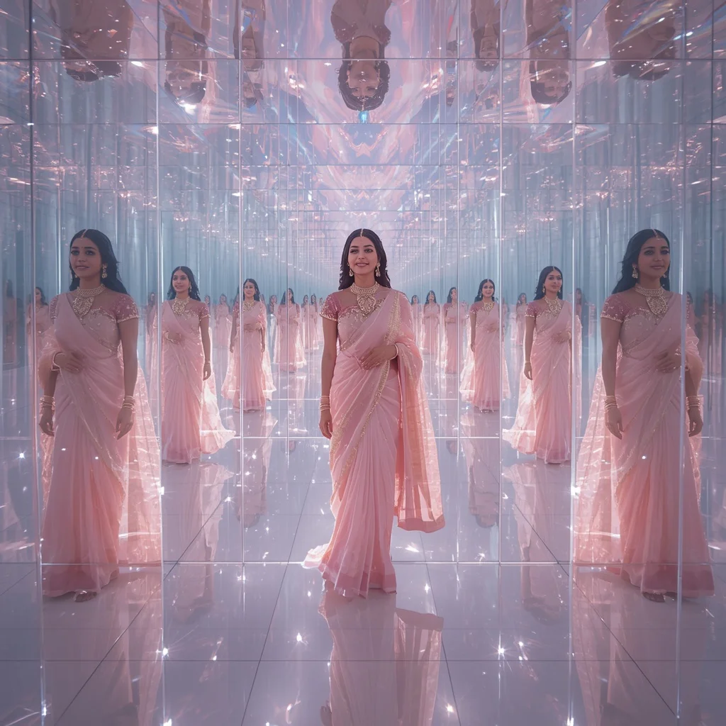 Festive Pastel Saree Infinite Crystal Aurora Palace Corridor Collage Luxury Cinematic | Prompt Gemini Ai