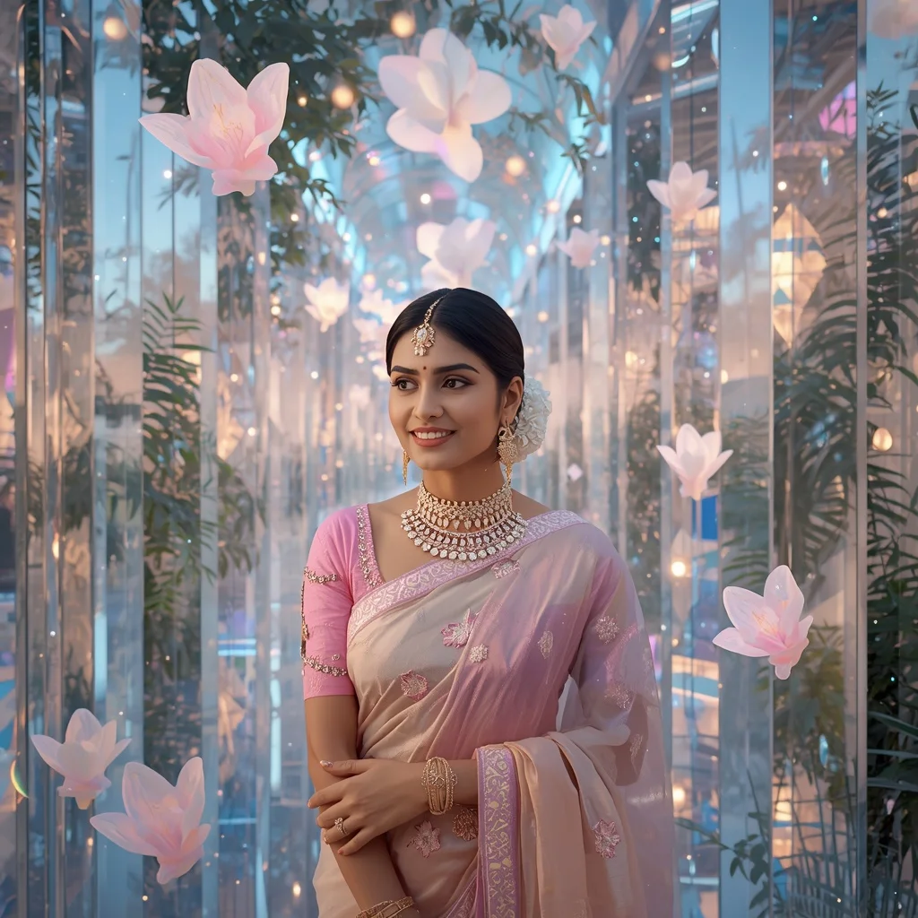 Festive Pastel Saree Infinite Prism Celestial Conservatory Collage Premium Cinematic | Ai Girl Image Prompt