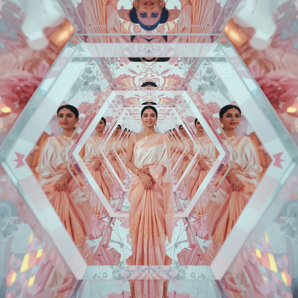 Festive Pastel Saree Infinite Reflection Prism Tunnel Collage Modern Cinematic | Gemini Girl Photo Prompt Saree