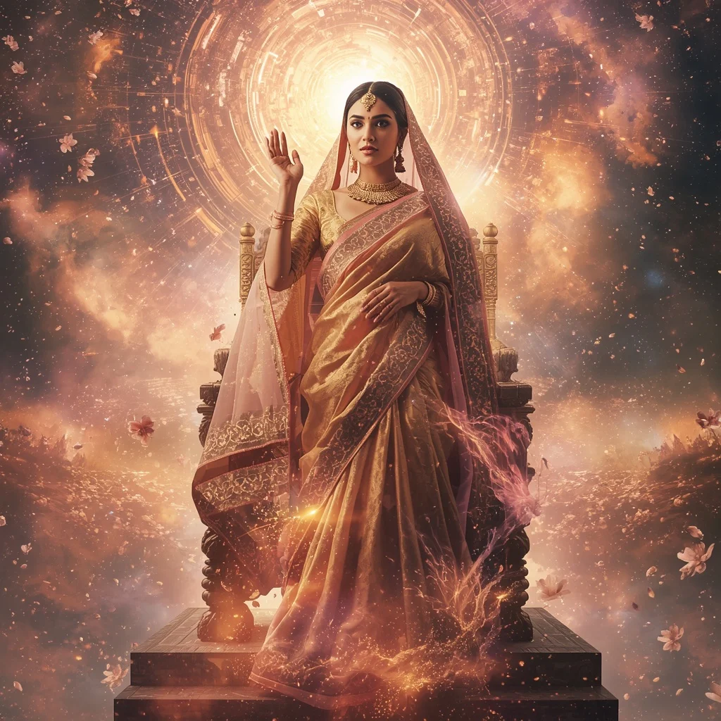 Festive Pastel Saree Infinite Solar Blossom Hyperverse Throne Collage Prompt | Traditional Saree Prompt For Chatgpt In English