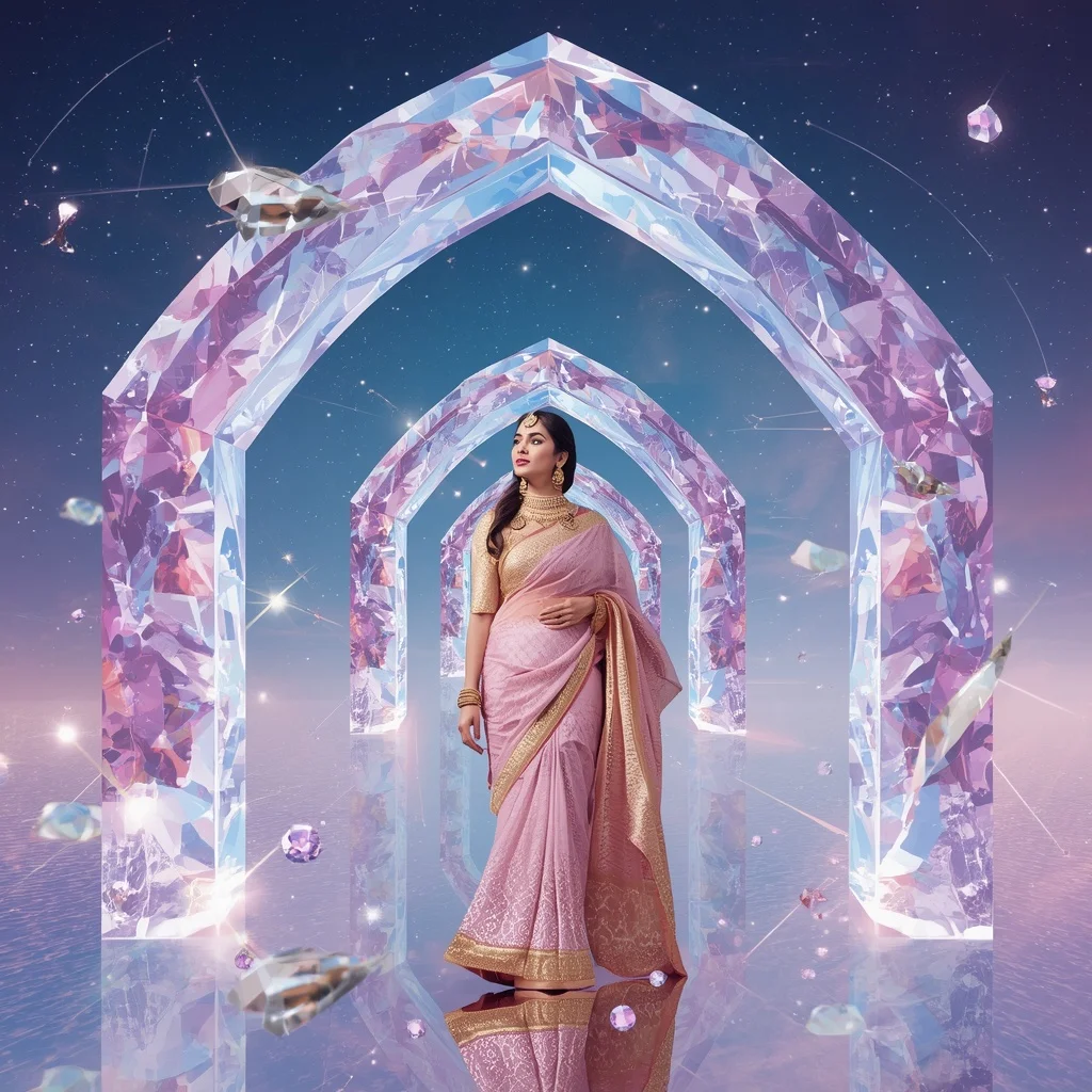 Festive Pastel Saree Infinity Crystal Constellation Archway Collage Premium Fashion | Prompt For Girls Trending