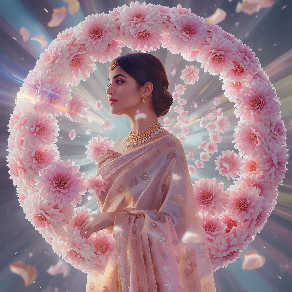 Festive Pastel Saree Infinity Crystal Dahlia Sphere Collage Luxury Cinematic | Photo Prompt
